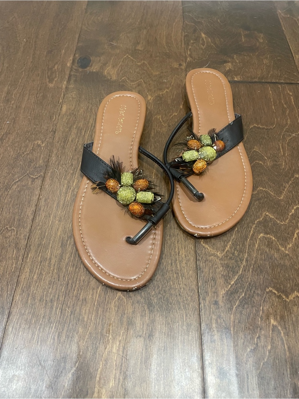 Beaded Black Strap Women's Thong Sandals - Brown Footbed
